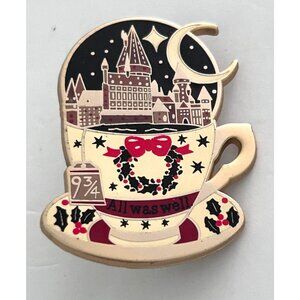 Harry Potter Hogwarts Teacup Enamel Pin 9 3/4 Holiday Wreath Christmas Laserbrai